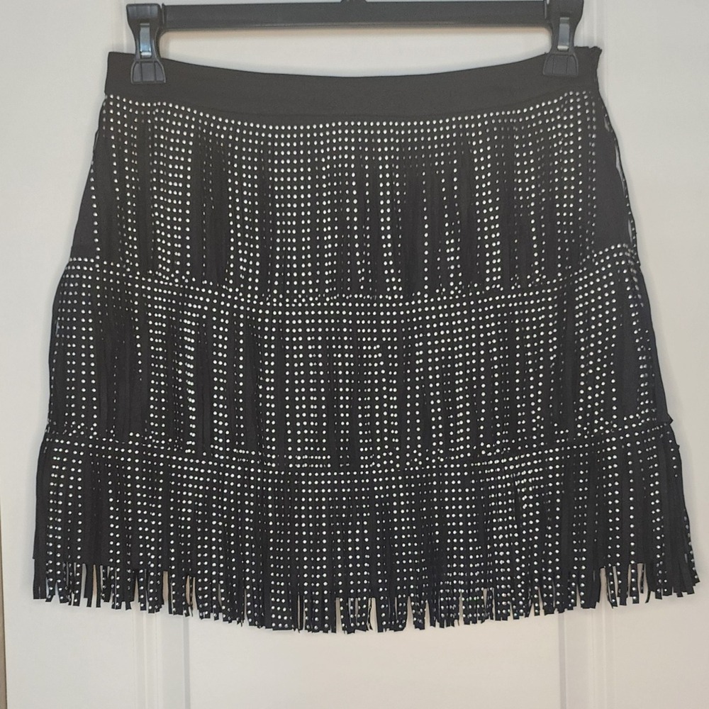 Free The Roses Black Studded Fringe Mini Skirt Tiered Polka Dot Party